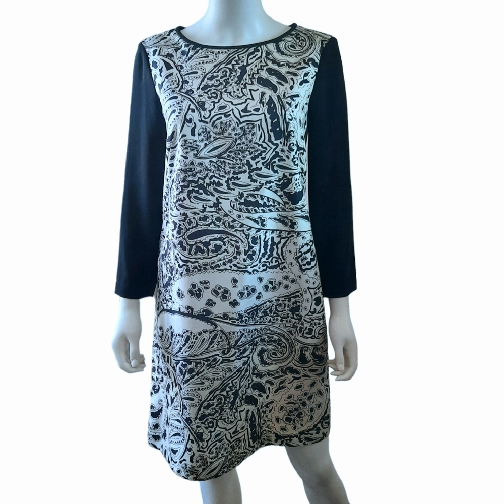 ANTHROPOLOGIE 4C Paisley Print Silk 3/4 Sleeve Above Knee Dress Sz 6 Blk/Wht